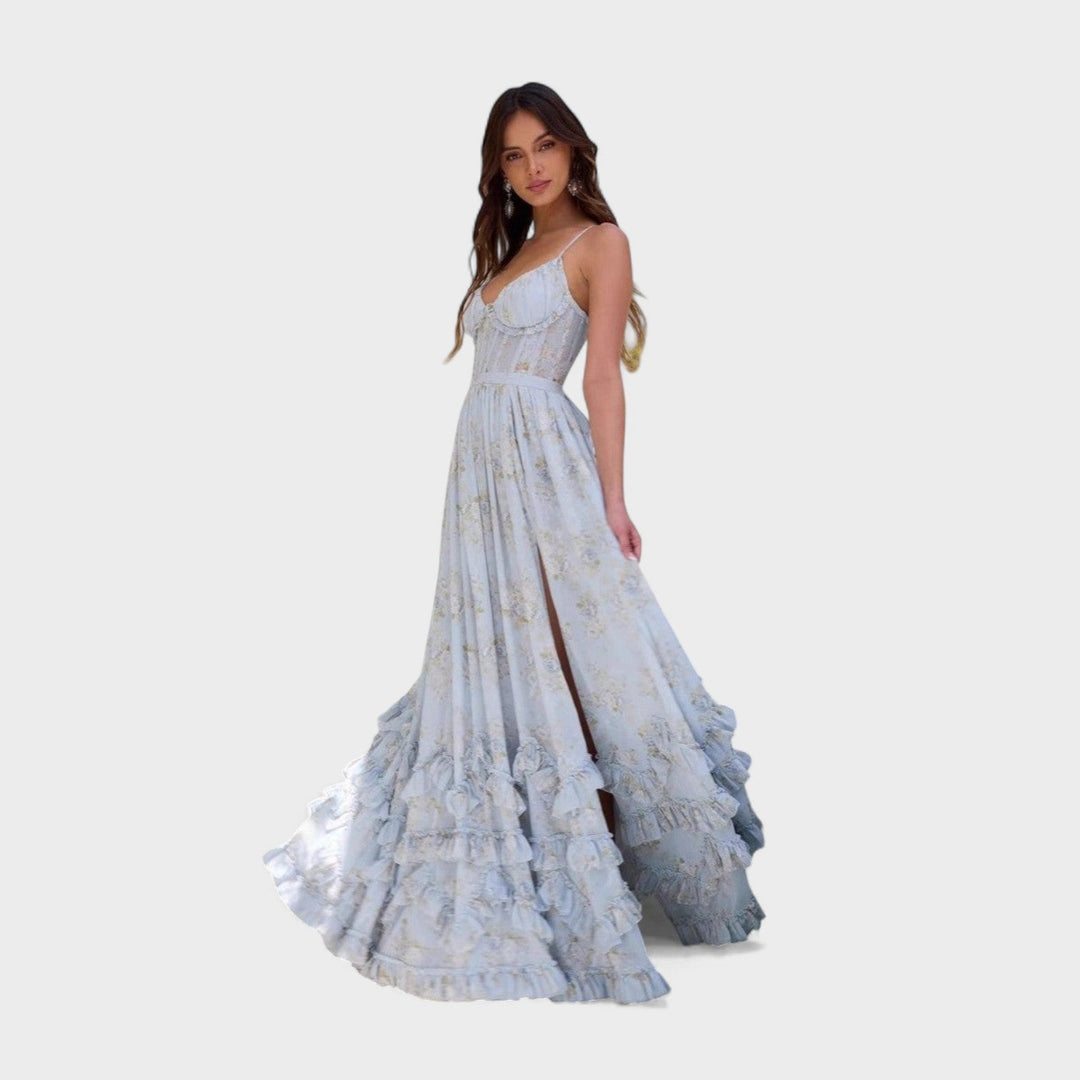 Florencia | Dlouhá boho šaty s rozparkem a volány