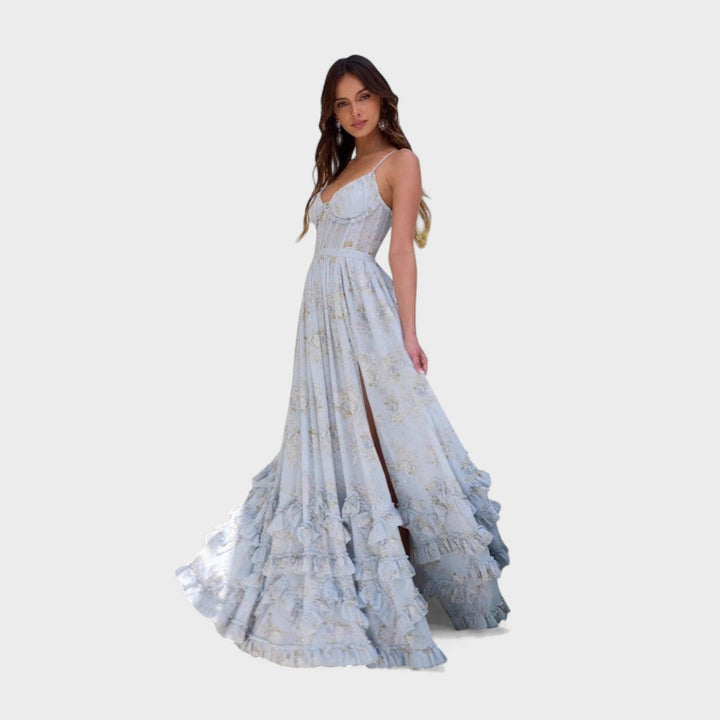 Florencia | Dlouhá boho šaty s rozparkem a volány