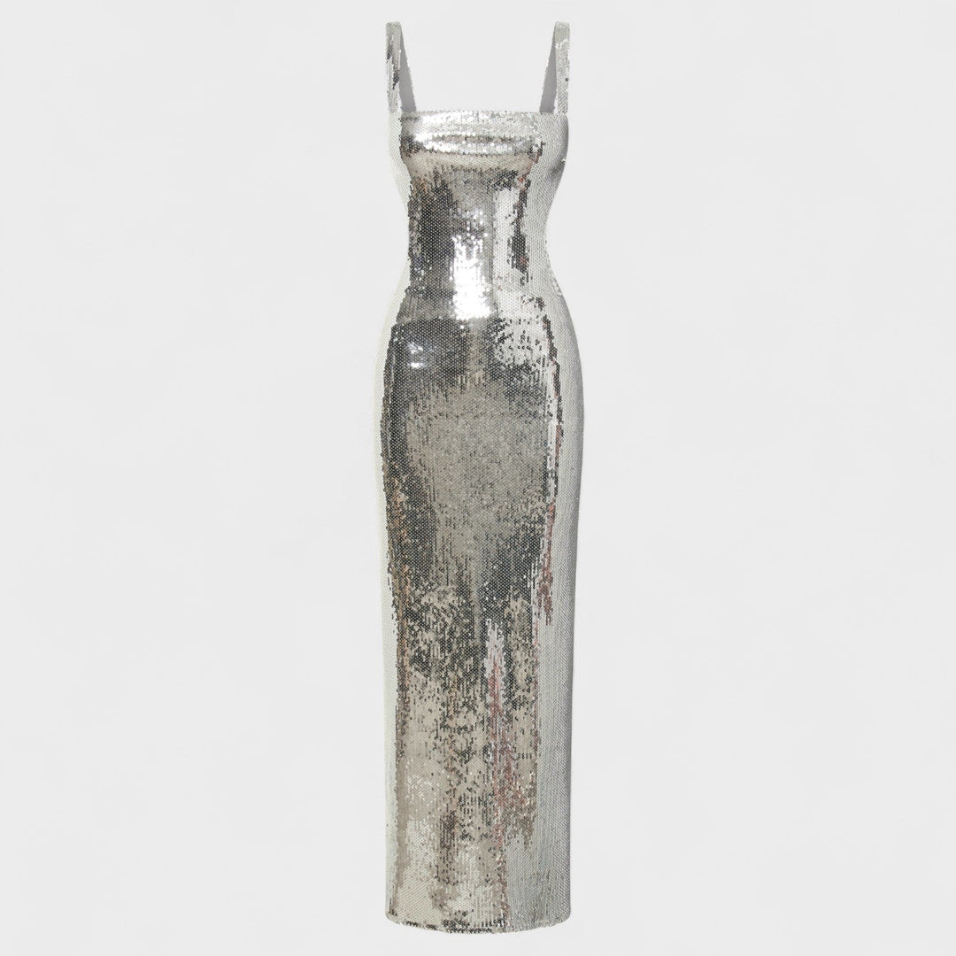 Třpytivá stříbrná večerní šaty