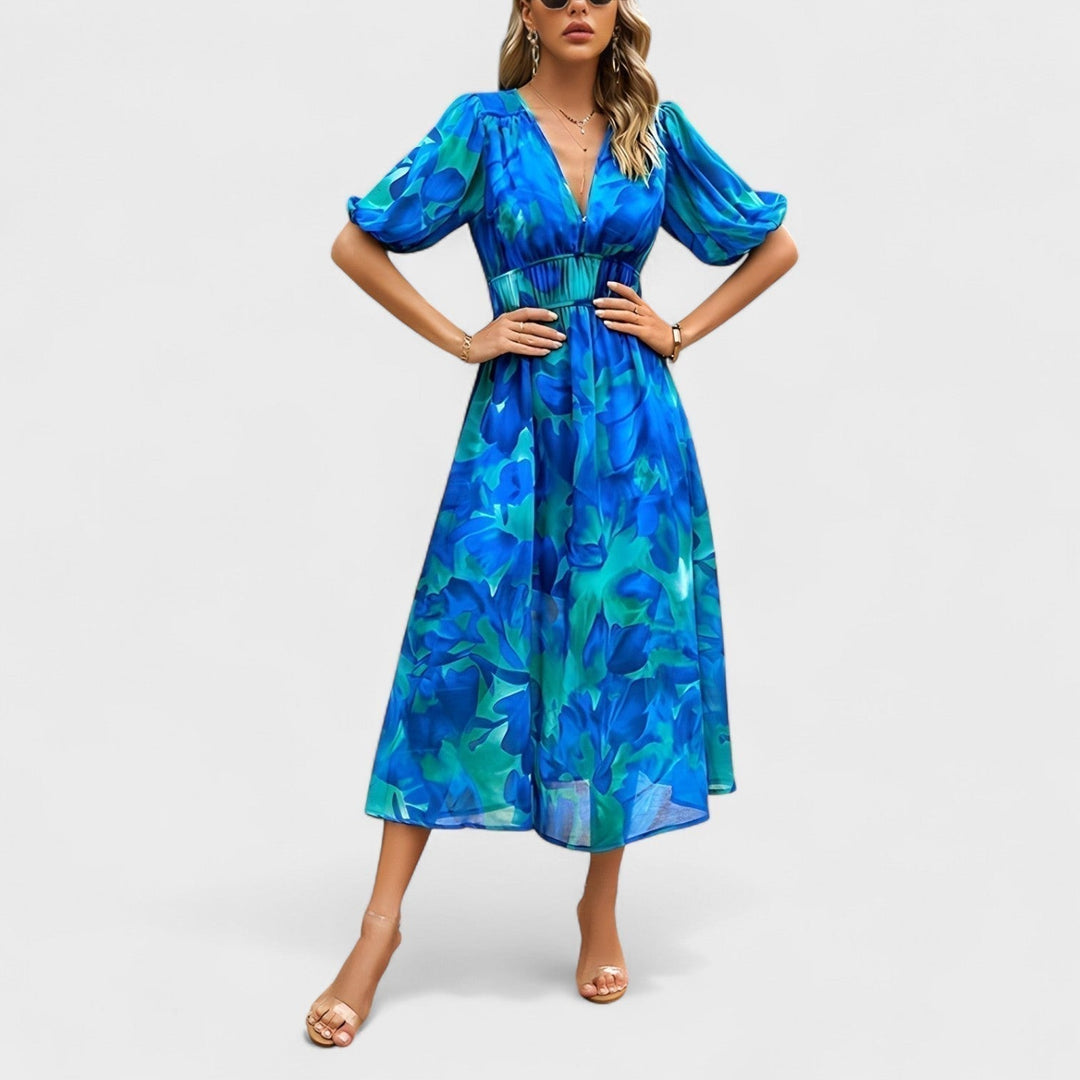 Clara – Elegantní Květinové Midi Šaty