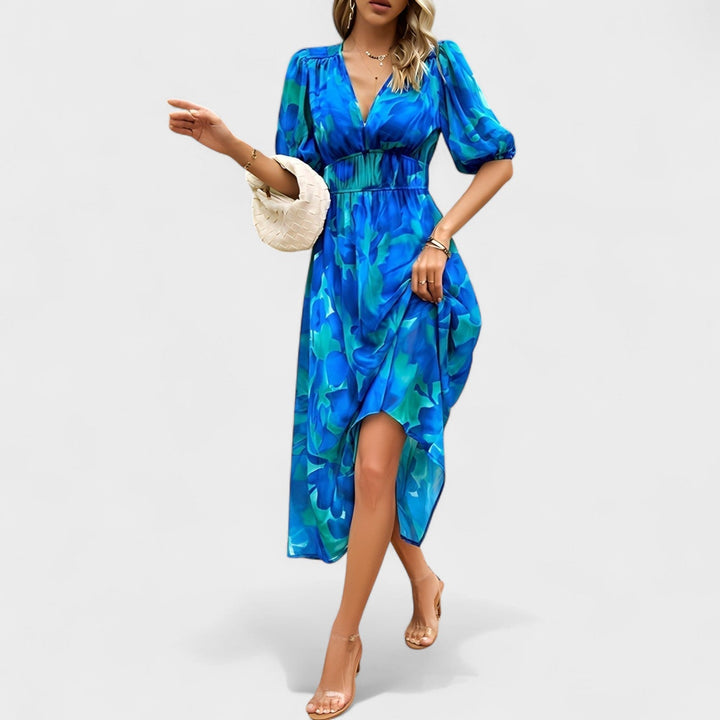 Clara – Elegantní Květinové Midi Šaty