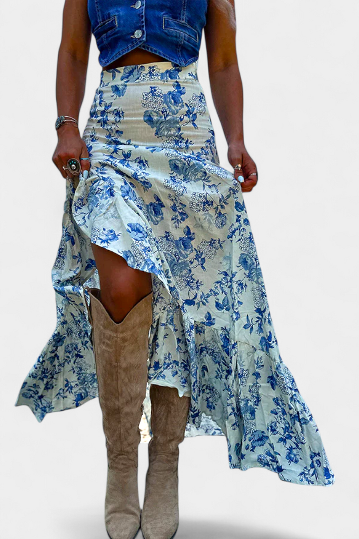Karen | Maxi květinová sukně s rozparky a volány