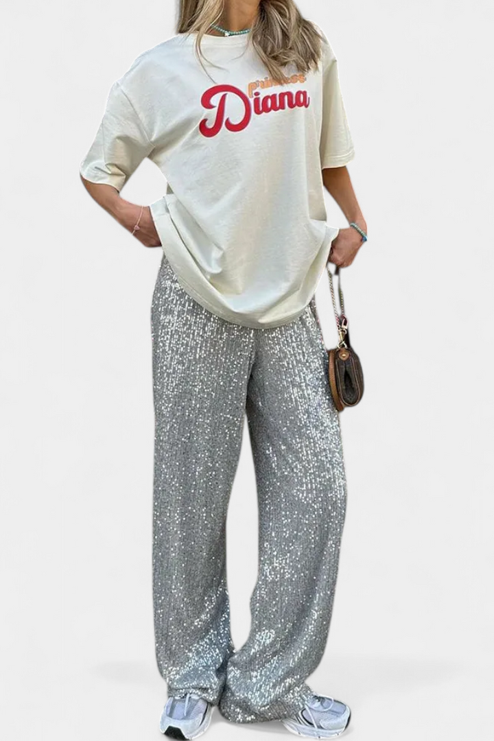 Elva | Lesklé kalhoty s vysokým pasem a volným střihem