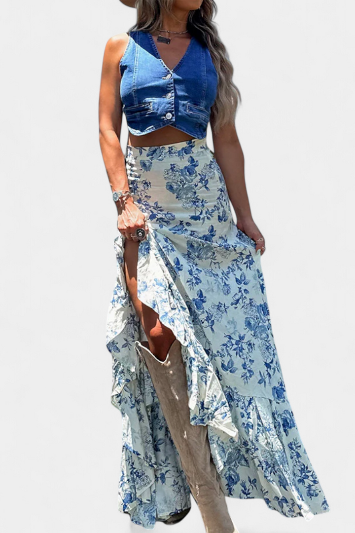 Karen | Maxi květinová sukně s rozparky a volány