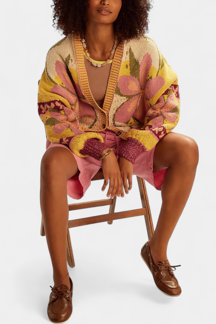 Casey | Květinový Pletený Kabát s Volným Střihem