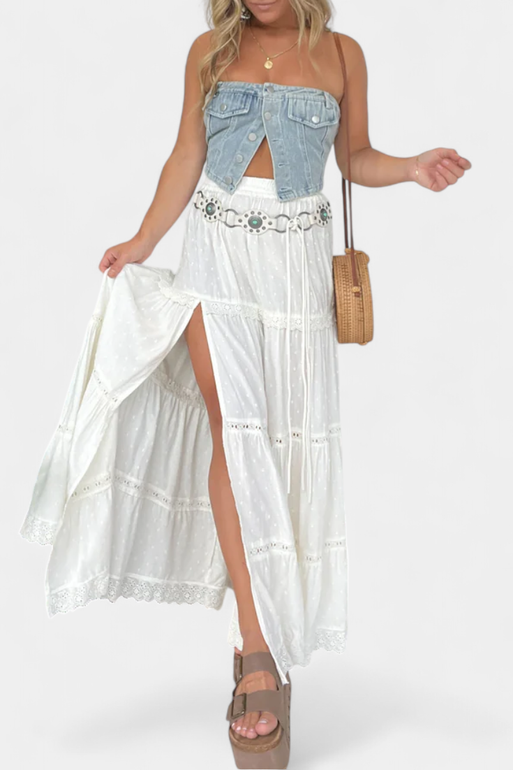 Dola | Maxi Boho sukně s krajkou a předním rozparkem