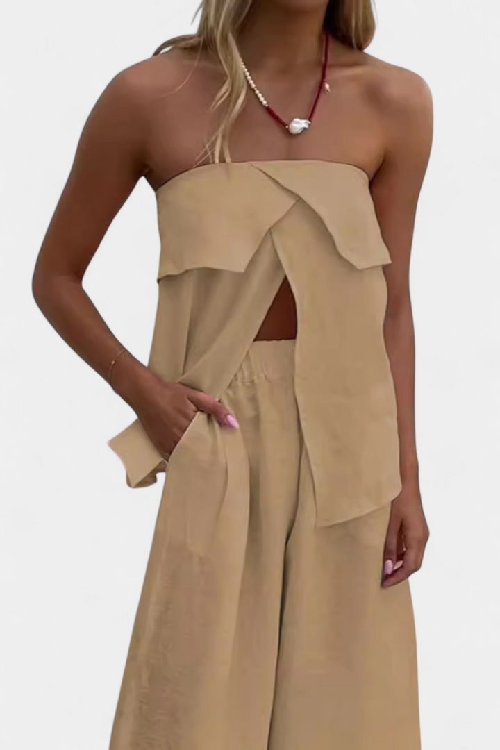 Carla | Bezramenný komplet se sukní v jednobarevném provedení