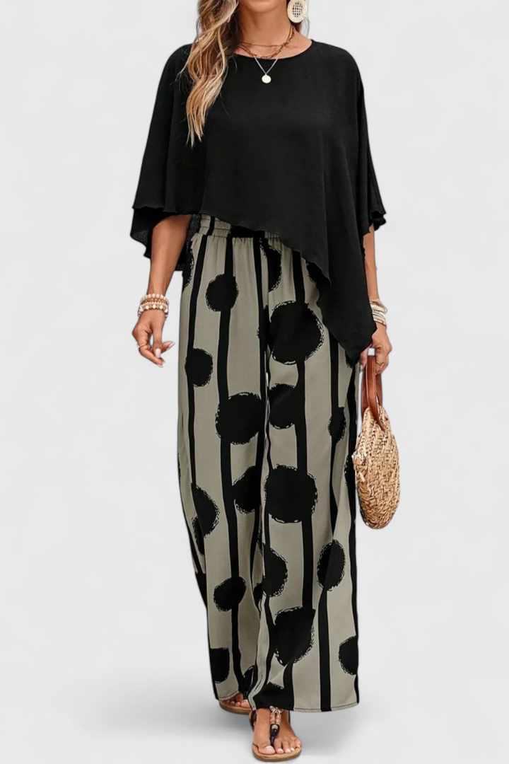 Valeria | Asymetrický komplet s topem a vyšívanými kalhotami