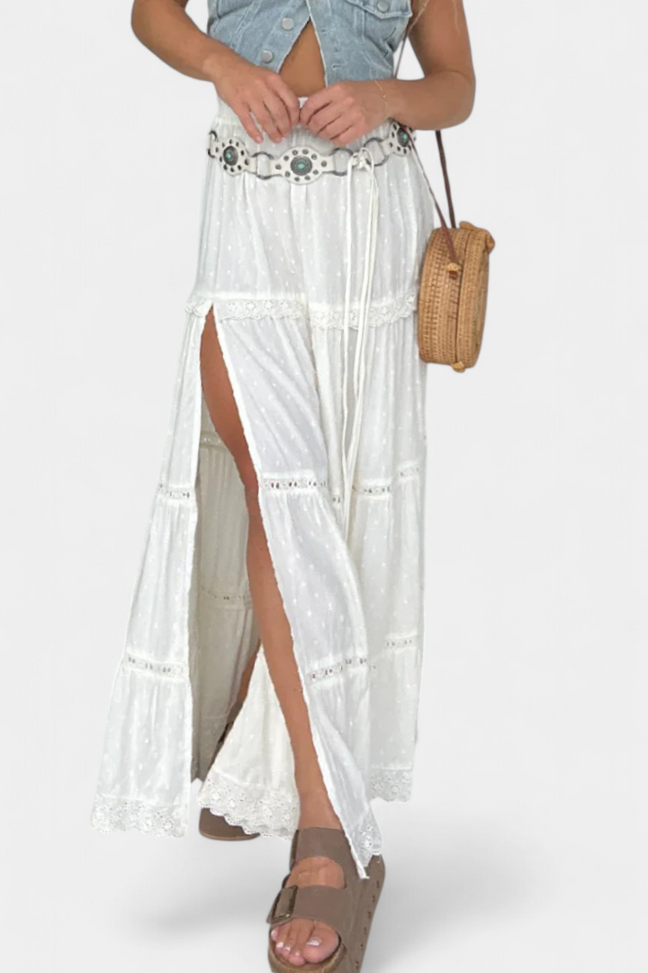 Dola | Maxi Boho sukně s krajkou a předním rozparkem