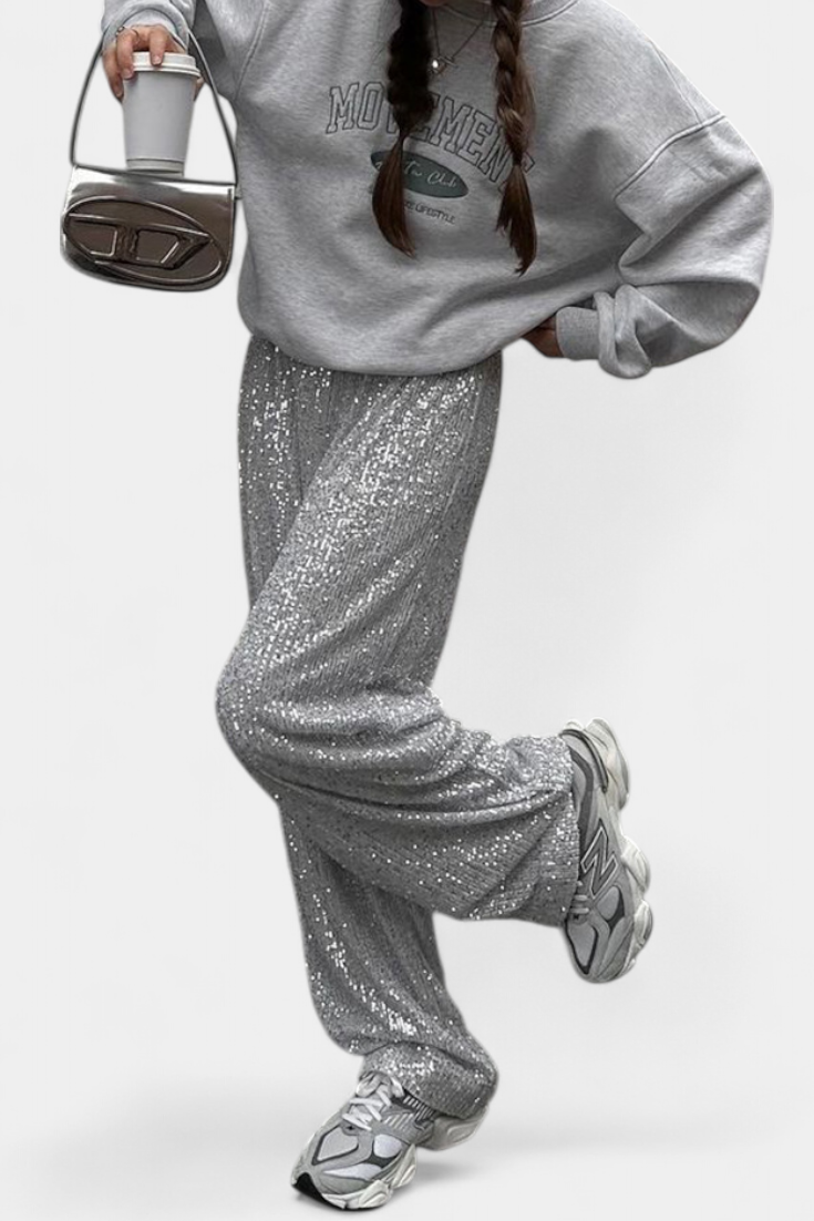 Elva | Lesklé kalhoty s vysokým pasem a volným střihem