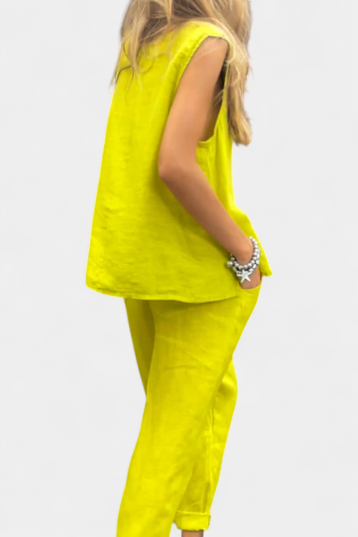 Leona | Bez Rukávů Vyrobený Set Vesta a Kalhoty z Bavlněného Lnu