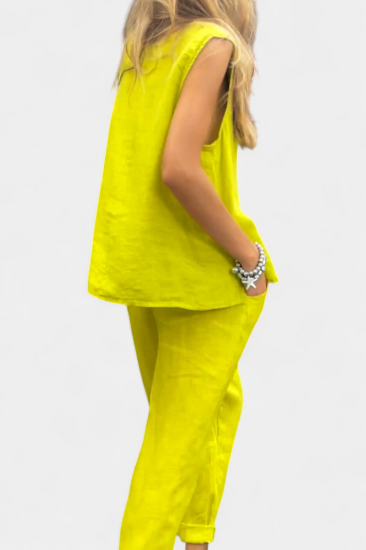 Leona | Bez Rukávů Vyrobený Set Vesta a Kalhoty z Bavlněného Lnu