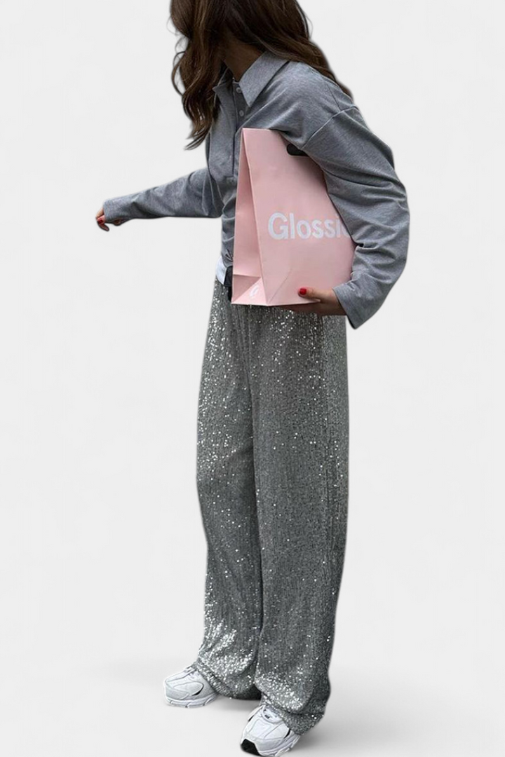 Elva | Lesklé kalhoty s vysokým pasem a volným střihem