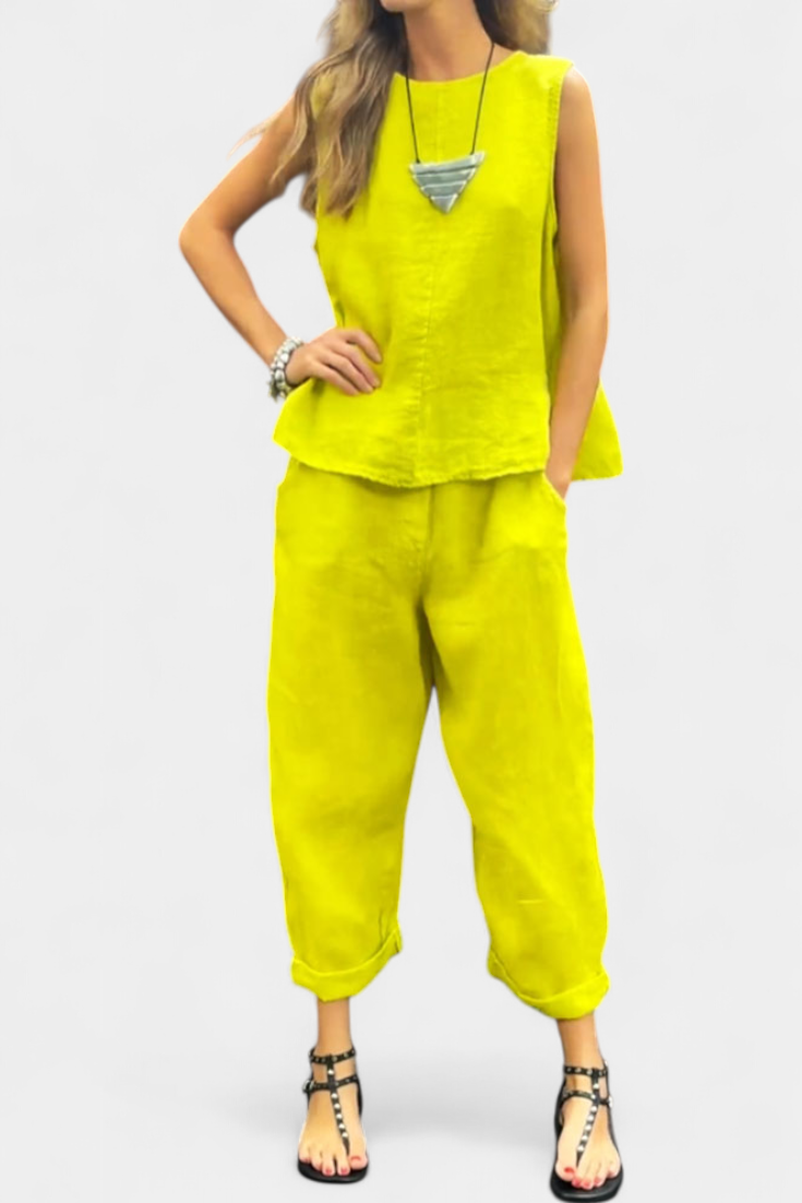 Leona | Bez Rukávů Vyrobený Set Vesta a Kalhoty z Bavlněného Lnu