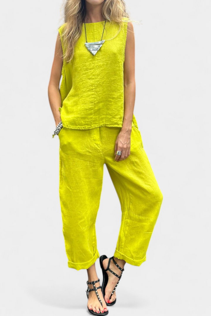 Leona | Bez Rukávů Vyrobený Set Vesta a Kalhoty z Bavlněného Lnu