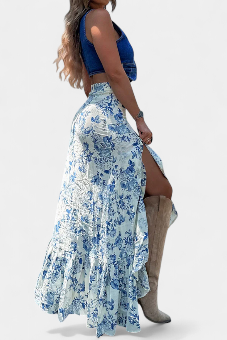 Karen | Maxi květinová sukně s rozparky a volány