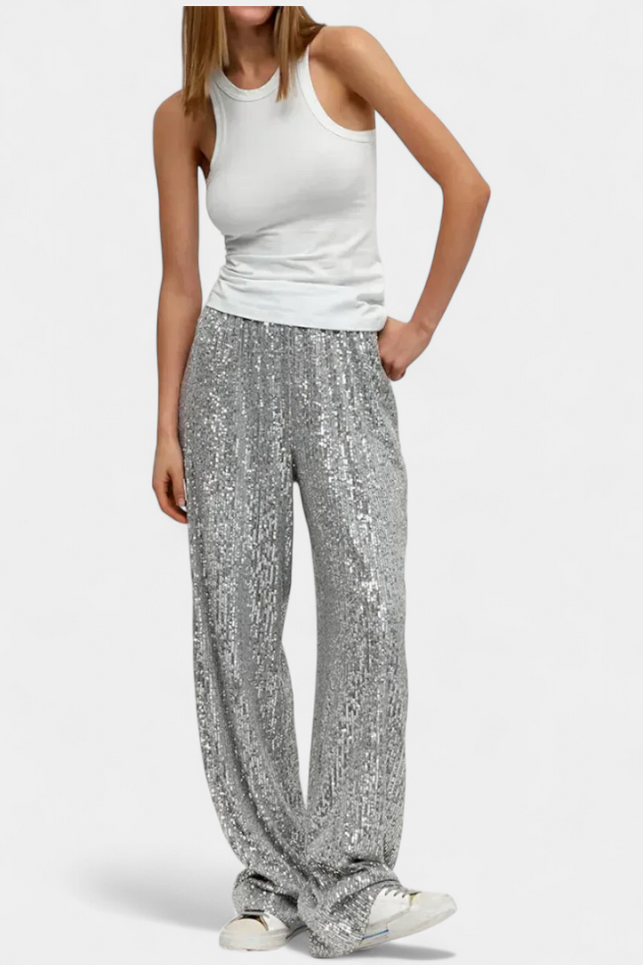 Elva | Lesklé kalhoty s vysokým pasem a volným střihem