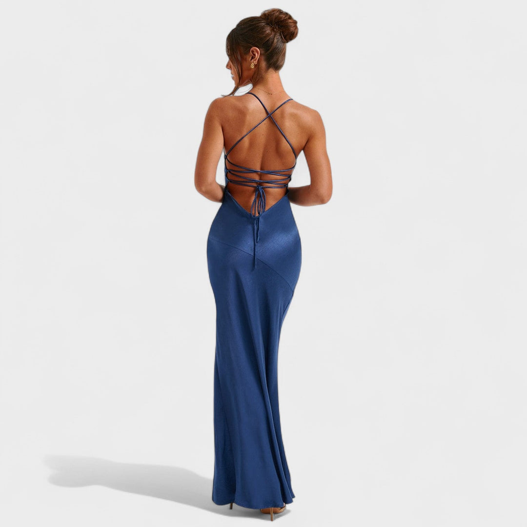 Elena - Modré středně dlouhé saténové šaty