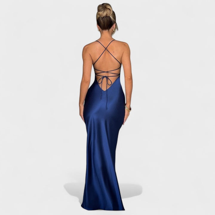 Elena - Modré středně dlouhé saténové šaty